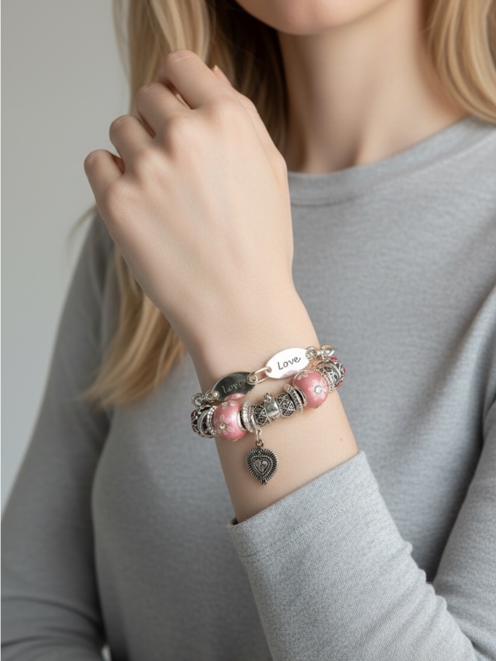 10/22 Love Heart Charm Pink Beaded Bracelet - Women Jewelry